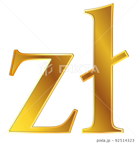 Polish zloty PLN currency golden sign front view isolated on white background. Currency by Central Bank of Poland. Design element. 92514323