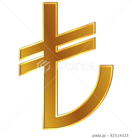 Turkish lira TRY currency golden sign front view isolated on white background. Currency by Central Bank of Turkey. Design element. 92514325