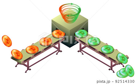 Dirty bitcoins on conveyor go through Tornado Cash and become clean in isometric view isolated on white. Tornado Cash is service for confidential transfer of cryptocurrency. Dirty bitcoins on conveyor go through Tornado Cash and become clean in isometric view isolated on white. Tornado Cash is service for confidential transfer of cryptocurrency. 92514330