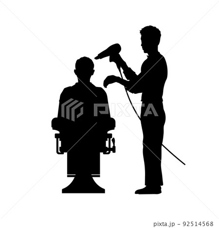 Barbershop scene. Hairdresser black silhouette. Isolated men's haircut stylist. Barber salon indoor. Man fashion service. Beard master with hairdryer 92514568