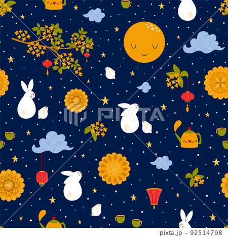 Mooncake festival seamless pattern. Mid Autumn Festival repeat background. Mooncakes, rabbits, Chinese lanterns 92514798