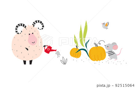 Cute animals working on farm set. Adorable sheep watering seedlings, mouse harvesting pumpkin cartoon vector illustration 92515064