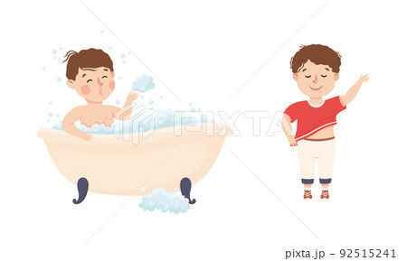 Cute little boy daily routine. Kid taking bath and putting on t-shirt cartoon vector illustration Cute little boy daily routine. Kid taking bath and putting on t-shirt cartoon vector illustration 92515241