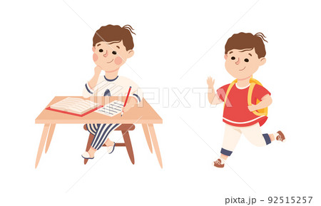 Cute little boy daily routine. Kid studying at table and walking with backpack cartoon vector illustration Cute little boy daily routine. Kid studying at table and walking with backpack cartoon vector illustration 92515257