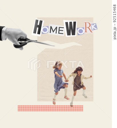 Contemporary art collage. Playful little girls, children running away from doing homework. Laziness 92515468
