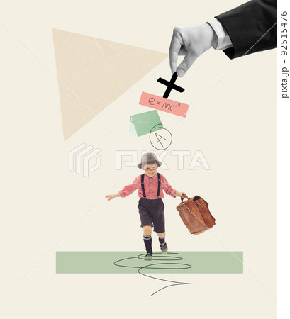 Contemporary art collage. Little boy, child walking on tiptoe with suitcase, escaping math homework 92515476