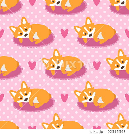 Seamless pattern with dog welsh corgi on a polka dot pink background with hearts Seamless pattern with dog welsh corgi on a polka dot pink background with hearts 92515543