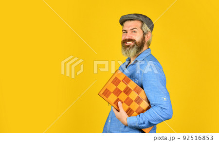 human brain working. brainstorming concept. play chess tournament. Intelligence level measurement. level up your iq. bearded man hold chess board. intelligence quotient concept. copy space 92516853