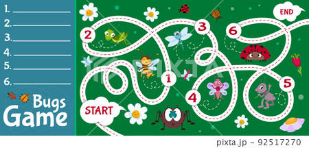 Flat board game for children with insects, ladybugs and grasshoppers Flat board game for children with insects, ladybugs and grasshoppers 92517270