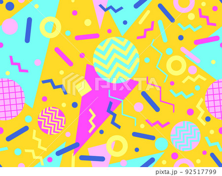 Geometric seamless pattern in 80s memphis style. Colorful background with geometric shapes. Design for promotional products, wrapping paper, brochures and printing. Vector illustration 92517799
