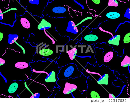 Rave psychedelic, acid trip mushrooms smile seamless pattern. Psychedelic mushrooms with emoji and lightning bolts. Design for posters, banners and promotional items. Vector illustration 92517822