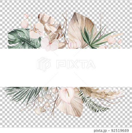 Wedding boho Watercolor frame with beige and teal green tropical leaves and orchid flowers illustration 92519689
