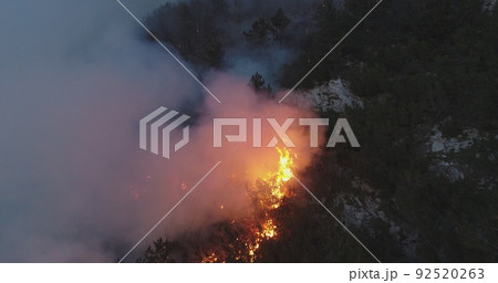 Aerial panoramic view of a forest fire at night, heavy smoke causes air pollution, and fire in full blaze. Natural disaster epic drone cinematic shot. 92520263
