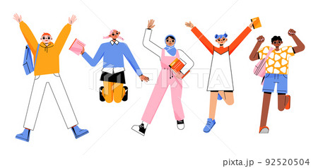 Happy jumping students with books and backpacks 92520504