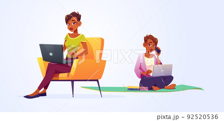 Woman work on laptop sitting on mat and chair. Woman work on laptop sitting on mat and chair. 92520536