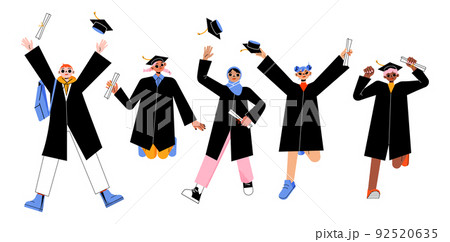 Happy students jump and throw up graduation caps 92520635