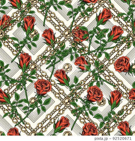 Seamless pattern with roses with stem, geometric rhombus grid of gold chains behind on a white background. Bright classic vector illustration. Seamless pattern with roses with stem, geometric rhombus grid of gold chains behind on a white background. Bright classic vector illustration. 92520671