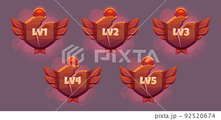 Game level ui icons, wooden shields or banners 92520674