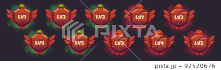 Game level ui icons, wooden shields or banners 92520676