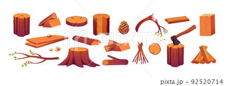 Set firewood, wooden logs, slices, axe in stump 92520714
