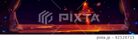 Game landscape of cave with hot lava and volcano 92520715