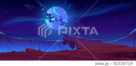 Alien planet landscape with exploding satellite Alien planet landscape with exploding satellite 92520719