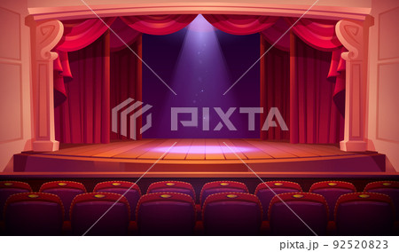 Theater empty stage with red curtains, spotlights 92520823