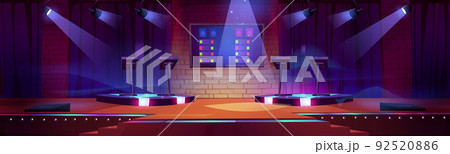Quiz game stage interior with stands, spotlights 92520886