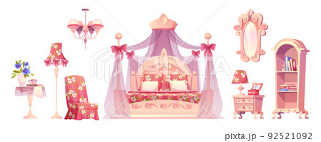 Pink bedroom, princess room furniture vector setのイラスト Pink bedroom, princess room furniture vector setのイラスト
