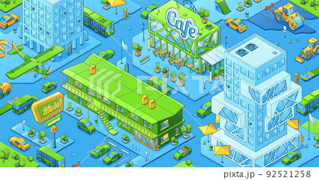 Isometric cityscape with cafe and motel Isometric cityscape with cafe and motel 92521258