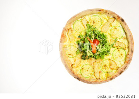 Pizza with cheese, zucchini and squash isolated on white background Pizza with cheese, zucchini and squash isolated on white background 92522031