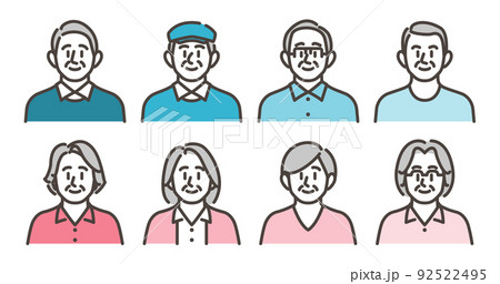 男性&女性シニアのかわいいアバターアイコンセット【ベクターイラスト素材】 男性&女性シニアのかわいいアバターアイコンセット【ベクターイラスト素材】 92522495