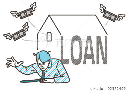 住宅ローン破綻のイメージ。一戸建マイホームに潰された男性【ベクターイラスト素材】 住宅ローン破綻のイメージ。一戸建マイホームに潰された男性【ベクターイラスト素材】 92522496