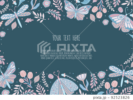 Frame with butterflies. Hand drawn colorful moth and insects. Design for packaging, label and greeting card. 92523826