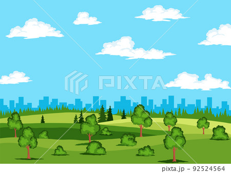 Nature landscape background. Beautiful rural lawn with bright color blue sky. Cute simple cartoon style illustration. Vector illustration of field 92524564