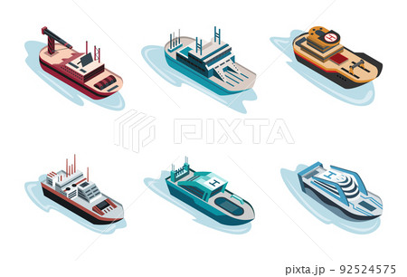 Commercial ship isometric icon set include of freight industrial boat, barge and vessel yacht ferry. 3d sea sailing business marine shipment, shipping freight ocean transportation, water transport 92524575