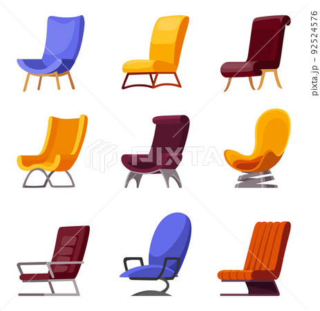 Comfortable and fashionable armchairs. Room design elements. Soft furniture for rest and relaxation. Cartoon soft and cozy armchairs with upholstery 92524576