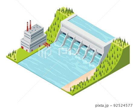 Hydro power isometric. Hydroelectric power plant. Alternative energy concept, factory electric. Water power station dam on the river. Vector illustration 92524577