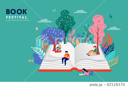 Book festival concept of a small people, kids reading an open huge book. Back to school, library 92528370