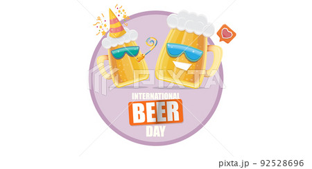 Happy international beer day horizonatal banner with cartoon funny beer glass friends characters with sunglasses isolated on white background. International beer day cartoon comic poster 92528696