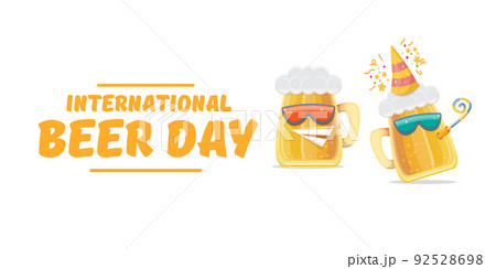 Happy international beer day horizonatal banner with cartoon funny beer glass friends characters with sunglasses isolated on white background. International beer day cartoon comic poster 92528698