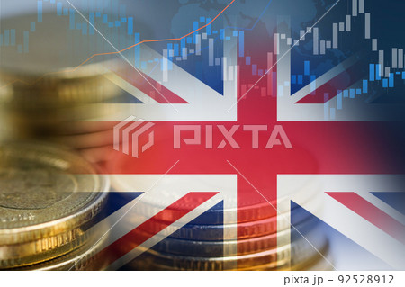 Stock market investment trading financial, coin and United Kingdom flag or Forex for analyze profit finance business trend data background. Stock market investment trading financial, coin and United Kingdom flag or Forex for analyze profit finance business trend data background. 92528912