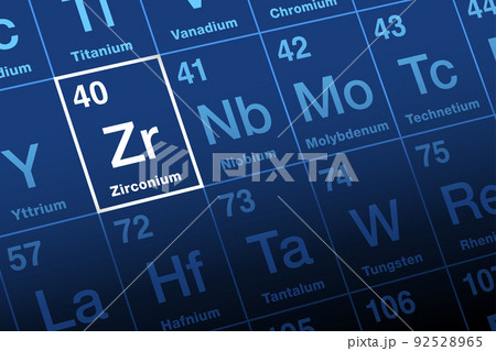 Zirconium on periodic table. Transition metal and element, with symbol Zr from the mineral zircon, related to Persian zargun for gold-like, and with atomic number 40. Used as refractory and opacifier. 92528965
