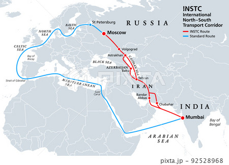 INSTC, International North South Transport Corridor, political map. Network for moving freight, with Moscow as north end and Mumbai as south end, replacing the standard route across Mediterranean Sea. 92528968