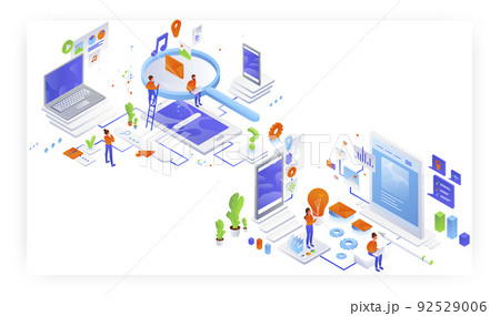 Information searching and website page content creation, flat vector isometric illustration. 92529006