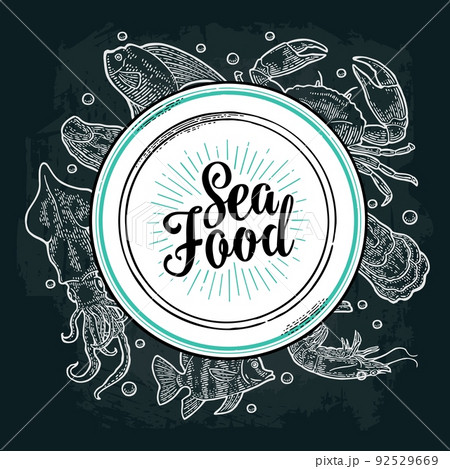 Square poster sea food. Vector vintage engraving illustration on dark background Square poster sea food. Vector vintage engraving illustration on dark background 92529669