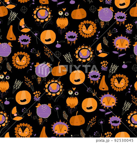 Seamless Pattern with Different Halloween Elements And Characters Seamless Pattern with Different Halloween Elements And Characters 92530045