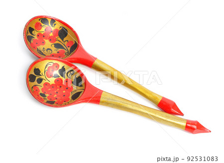 Khokhloma Wooden spoons. Isolated on white background 92531083