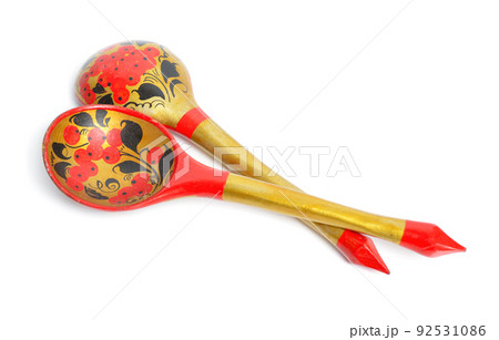 Khokhloma Wooden spoons. Isolated on white background 92531086