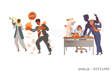 Angry Chief Yelling at Office Employee Fighting with Boxing Gloves and Shouting Vector Set Angry Chief Yelling at Office Employee Fighting with Boxing Gloves and Shouting Vector Set 92531269